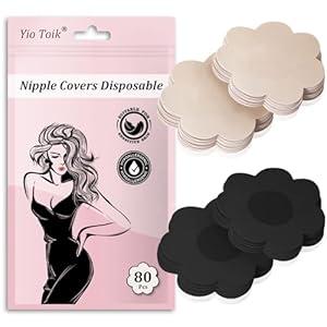 Yio Toik 80 Pcs Nipple Covers No-Show Disposable Nipple Pasties For Women Hypoallergenic Satin Breast Petals Stickers (Nude/ Black)