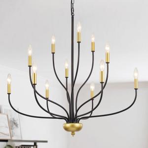 12-Lights Farmhouse Chandelier for Dining Room, 34 Inch Black and Gold Chandeliers for High Ceilings Foyer Modern Large Pendant Light Fixtures for Living Room Entryway Hallway Kitchen Island E12