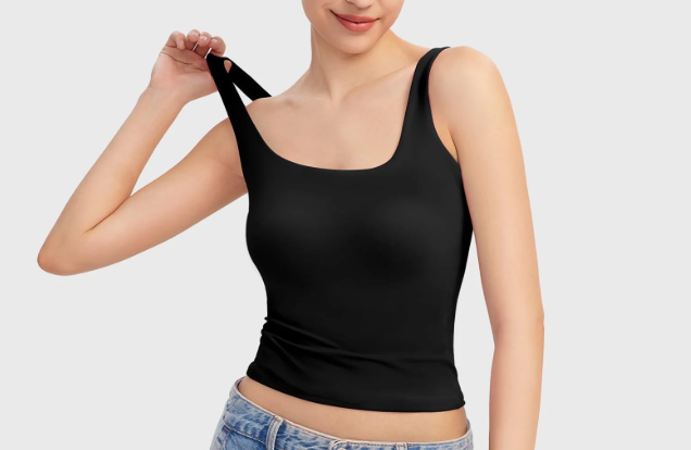 Women's Square Neck Sleeveless Double-Layer Tank Tops Basic Tight T Shirts S