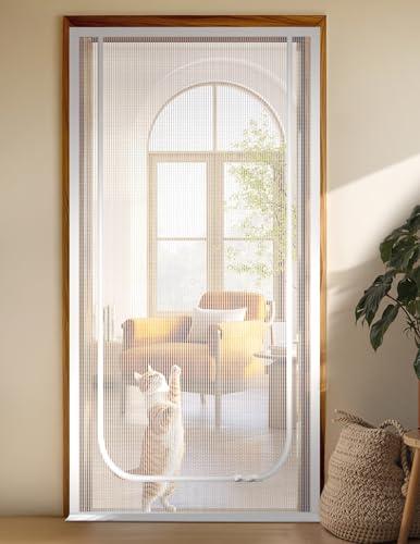 BFNN Cat Screen Door, Extra Tall Cat-Proof Mesh Gate, Fit Door Size 38'' x 82'', Anti Scratch Mesh with Zipper Closure, for Living Room, Kitchen, Bedroom (White, U-Shaped)