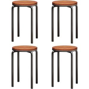 Stacking Stools Set of 4, 18" H Backless Round Wooden Top Portable Stackable Stools with Metal Frame (Brown)