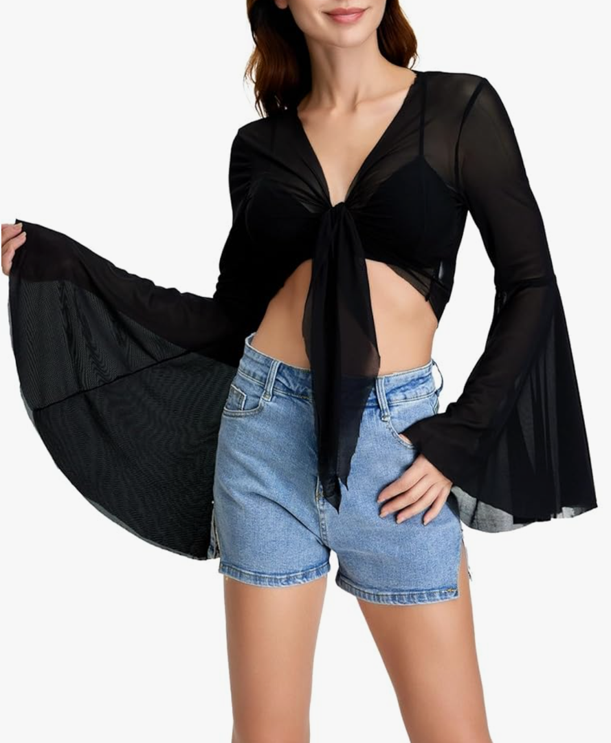 Shein Women's Bell Sleeve Crop Top Tie Front Long Sleeve Blouse Sheer Mesh Top, L, Black
