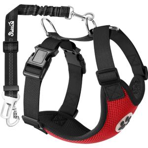 SlowTon Dog Seat Belt Harness for Car, Dog Car Harness Adjustable Mesh Breathable & Dog Seatbelt Safety Tether with Elastic Bungee for Small Medium Large Pets(Red, Double Clip, M)