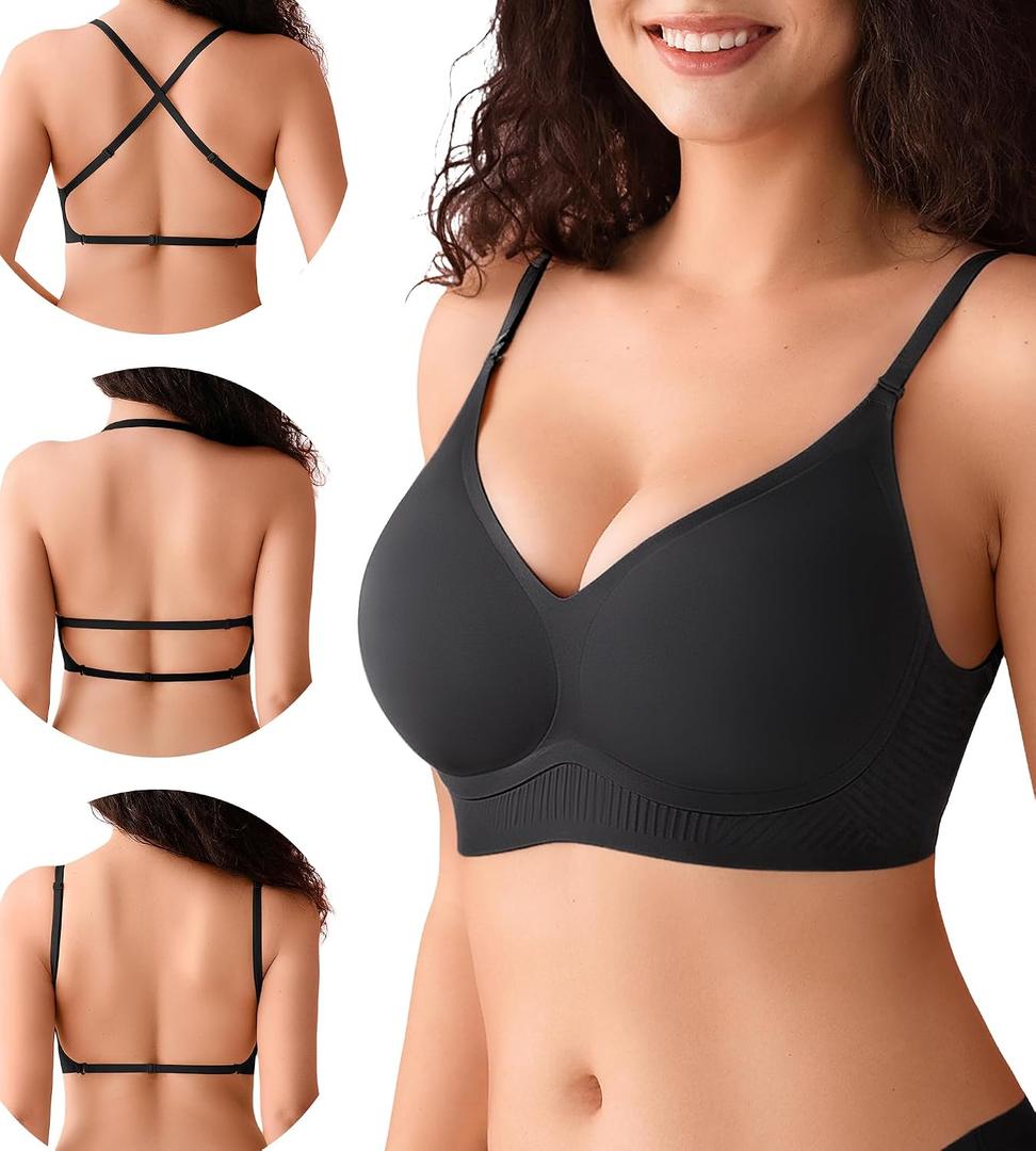 DEANGELMON Seamless Low Back Bra Wireless Backless Bra Womens Thin Straps Halter Bra Low Cut V Neck Multiway Convertible Bras, XL
