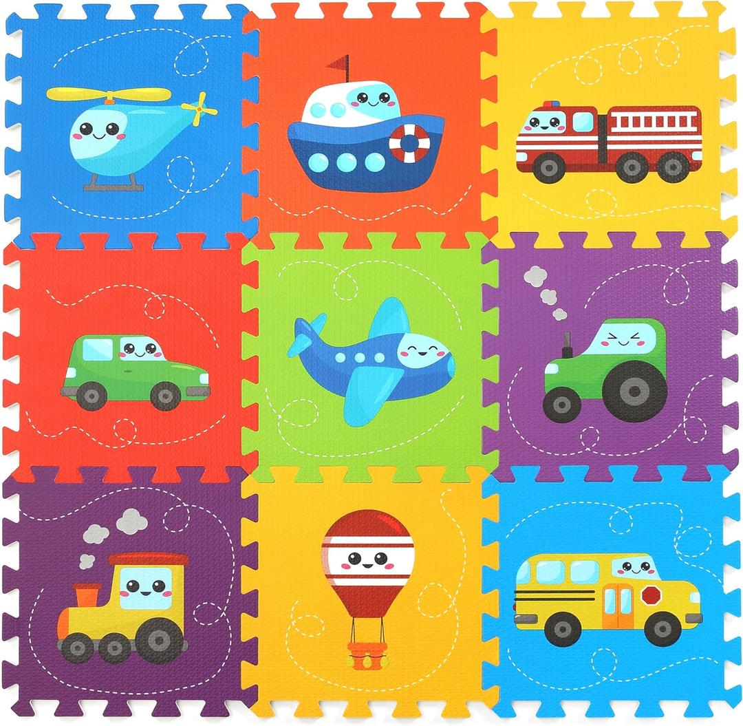Baby Play Mat, Foam Playmat for Babies, Kids Play Mat, Foam Floor Tiles 3434 9 Pieces Vehicle Puzzle Mat