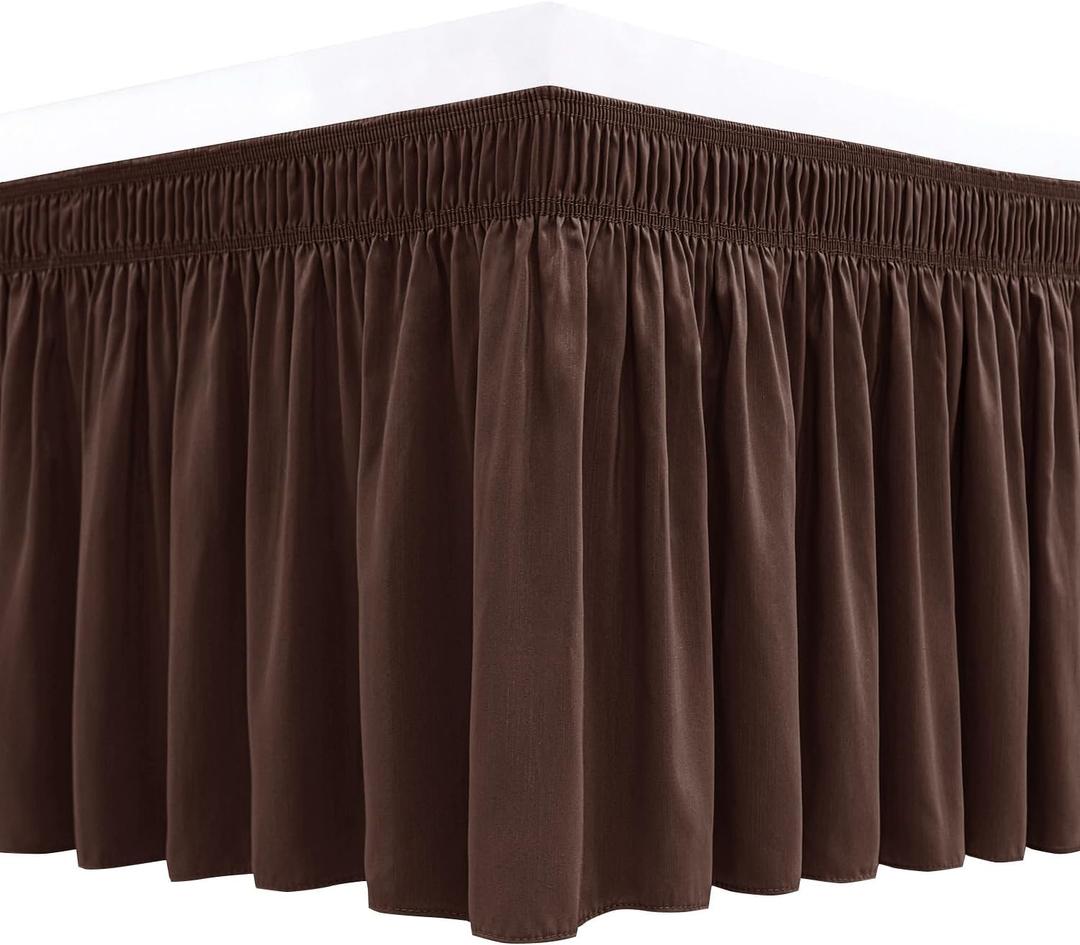 Biscaynebay Wrap Around Bed Skirts for Queen Beds 17" Long Drop, Brown Adjustable Elastic Dust Ruffles Easy Fit Wrinkle & Fade Resistant Silky Luxurious Fabric Solid Machine Washable