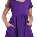 Stelle Girls Short Sleeve Dress Summer Kids Toddler Skater Twirl A Line Solid Color T-Shirt Dress for School Casual, 3T, A19-purple (With Pocket)