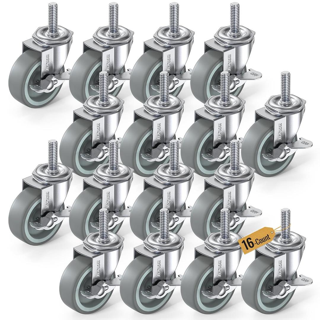 HOLKIE Caster Wheels 3 inch Locking Casters Set of 16, Threaded Stem 3/8" -16 x 1-1/2" (Diameter 3/8", Length 1-1/2") Swivel Heavy Duty Castors Gray