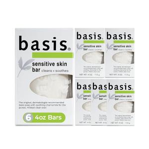 Basis Sensitive Skin Bar Soap for Body, Hands and Face, Unscented Soap Bar for Sensitive Skin with Chamomile and Aloe Vera, 4 Oz, Pack of 6