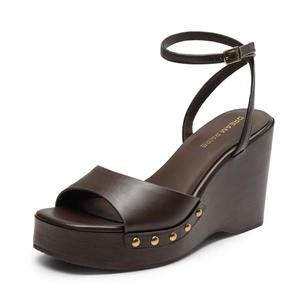 DREAM PAIRS Wedge Sandals for Women, Dressy Platform Square-Toe Ankle Buckle Studded Fashion Sandals for Summer, Size 9, Brown, SDWS26001W
