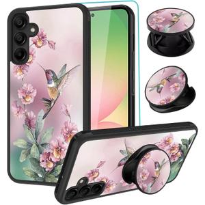 SAKUULO Compatible with Samsung Galaxy A56 5G Case, [Screen Protector + Kickstand] Pink Hummingbird Cute Design,Tire Texture Anti-Slip Shockproof Ultra Thin Protective Case 6.7inch