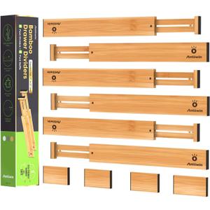 ANTOWIN Bamboo Drawer Dividers, Expandable Drawer Separators Splitter, 17-22 inches Adjustable Spring-loaded Organizer for Large Utensil, Clothes, Tools Drawers, 6 Pack Dividers + 4 Pack Baffle