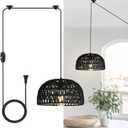 HuisMier Rattan Hanging Lamp Plug in Pendant Light, 15 Ft Hanging lamp with Wicker Woven Basket Lampshade, Dimmable Boho Hanging Lamp for Dining Room Living Room Bedroom, Black