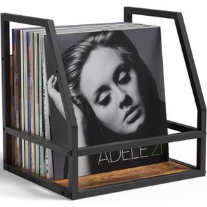 Y&M 2 In 1 Vinyl Record Storage Crate, 1PC Wood LP Holder, Wall Mount or Desktop Metal Album Organizer, Holds 80+ Records, Multifunctional Stackable Magazine Display Shelf, Brown (Rustic Brown Black (1 Pack))