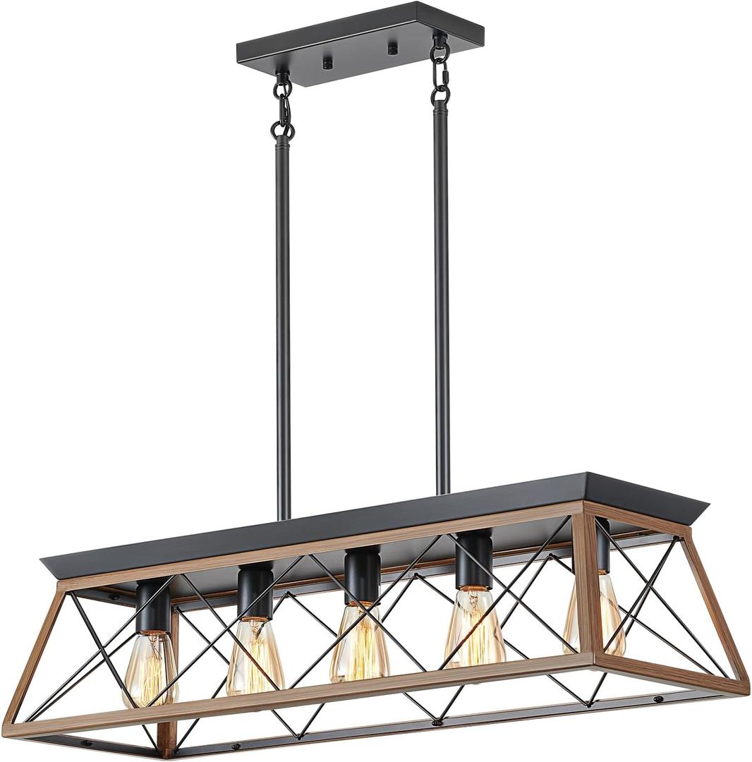5-Light Dining Room Chandelier Over Table, Farmhouse Kitchen Island Lighting, Adjustable Height Chandeliers for Kitchen, Dining Room Table Walnut