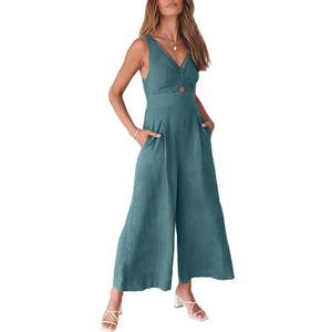 ANRABESS Women's Jumpsuits Summer Wide Leg Sleeveless V Neck Casual Dressy Linen Pants Rompers 2025 Vacation Beach Outfits (X-Large, Lake Blue)