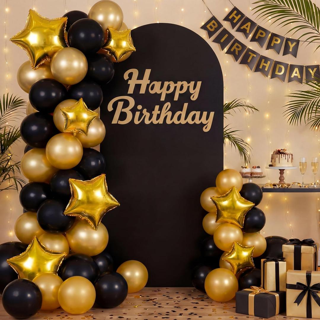Black Gold Birthday Decorations Happy Birthday Arch Backdrop Cover 6.6ft Spandex Stretchy Black Arch Cover for Reusable Backdrop Sign for Baby Shower Girls Boys Women Men