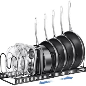 ORDORA Pots and Pans Organizer under Cabinet with Pot Lid Organizer, Expandable Rack for Pan and Pot Organizers Inside Cabinet, 12"-23" Adjustable with 10 Dividers for Kitchen Organization, Black