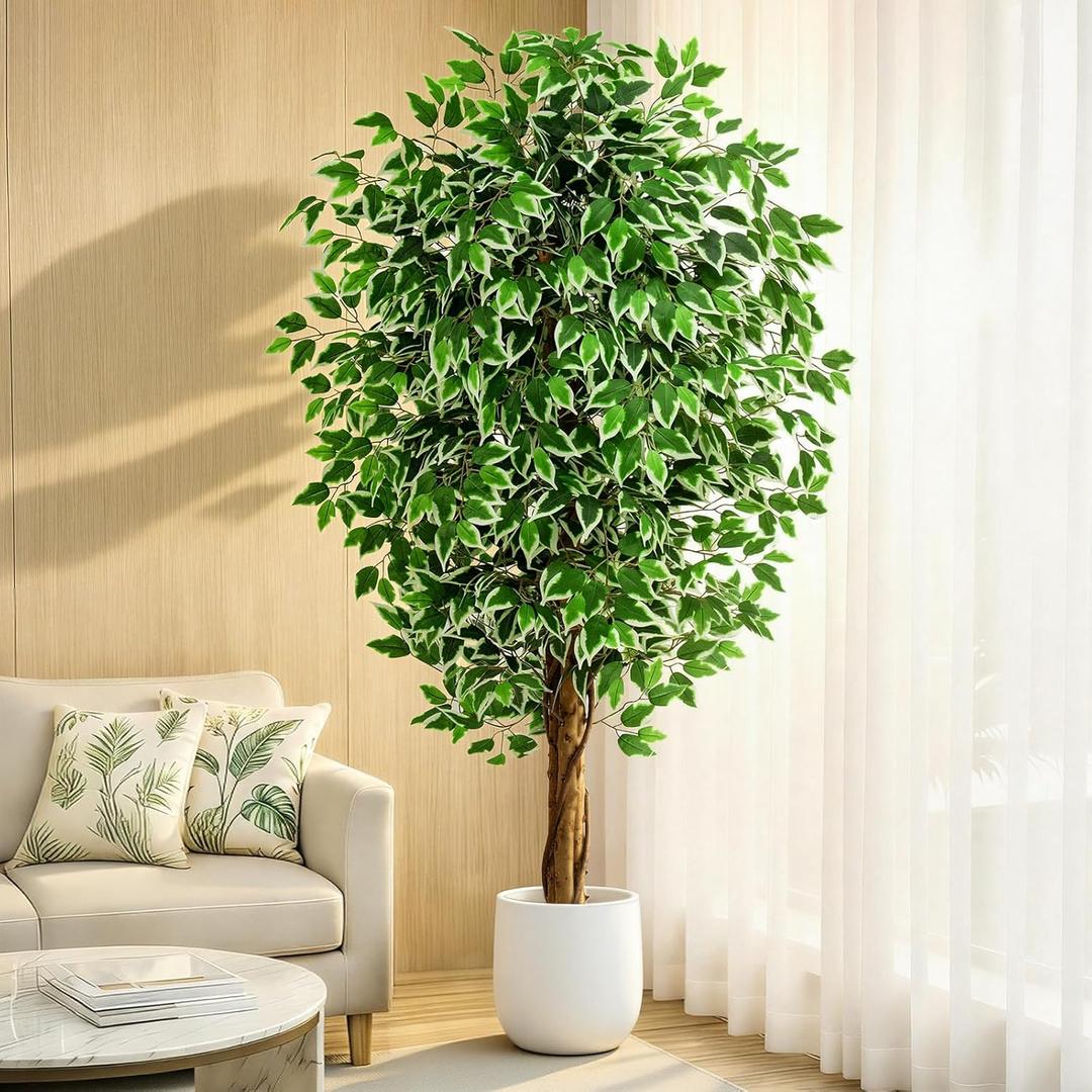 6.2ft Ficus Artificial Trees with 3 Natural Curved Trunks, 74" Tall Lush Faux Tree for Home Decor Indoor, Green Lifelike Fake Ficus Tree 1pcs