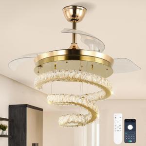 42in Gold Crystal Fandelier, Dimmable Retractable Fan with Remote