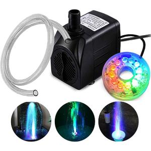 PULACO 160GPH Small Fountain Pump, 10Watt Submersible Pump with Automatic Color Changing LED Light and 3.3 ft Tubing for Water Feature, Outdoor Pond, Aquarium fish tanks