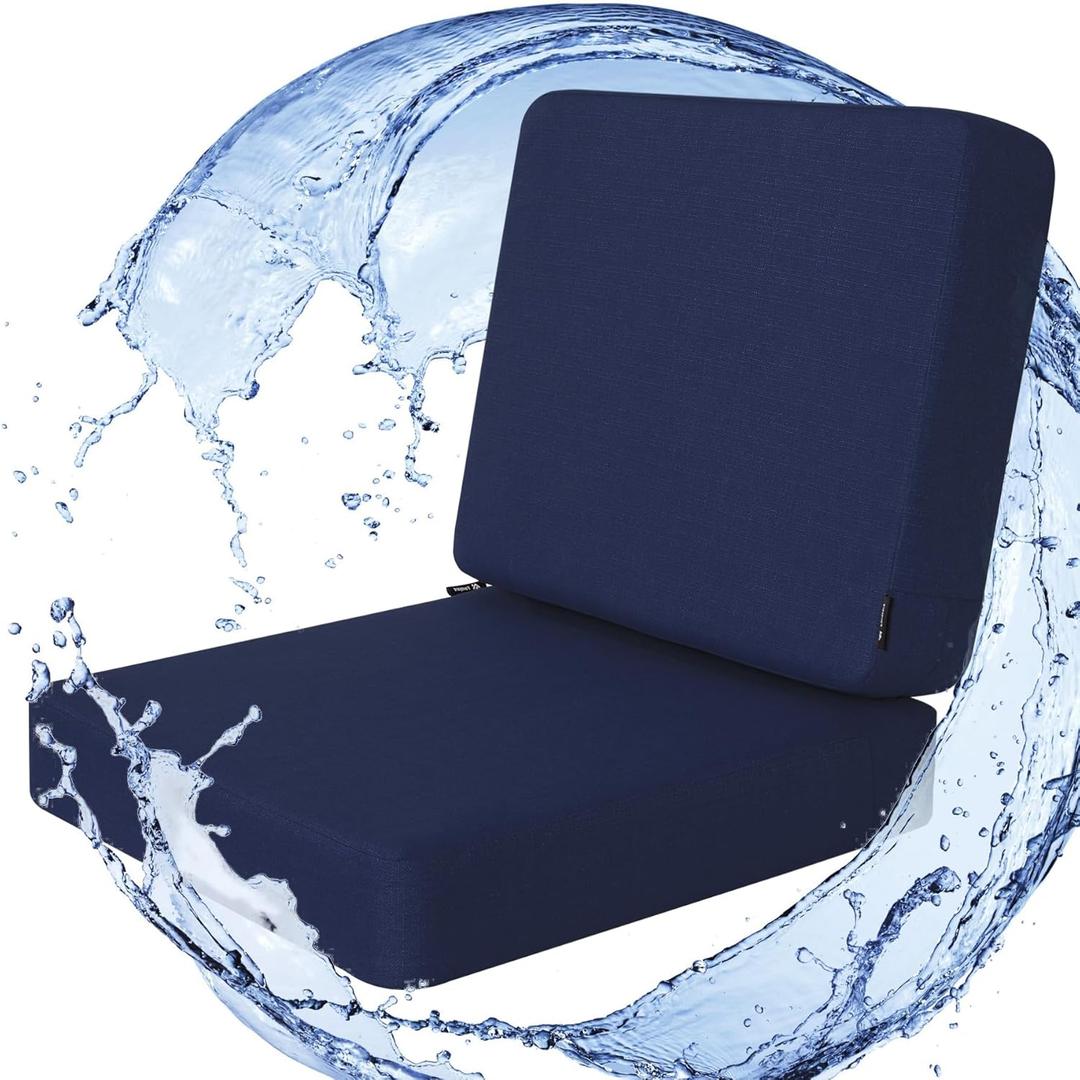 Favoyard Outdoor Deep Seat Cushion Set, 24 x 24 Inch Rainproof & 3-Year Fade Resistant Patio Furniture Cushions, Removable Seat Bottom & Back Cushion Covers with Ties for Chair, Sofa, Couch, Blue (Seat 24x24 In + Back 24x20 In)