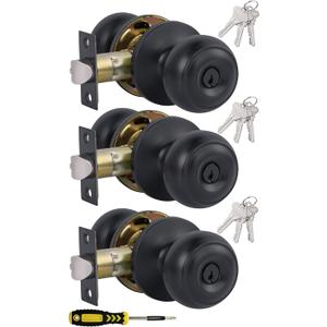 (3 Pack) Entry Door Knobs with Lock and Keyed Alike, Interior/Exterior Flat Ball Door Locks for Bedroom/Bathroom/Front/Offic Doors, Matte Black Finish