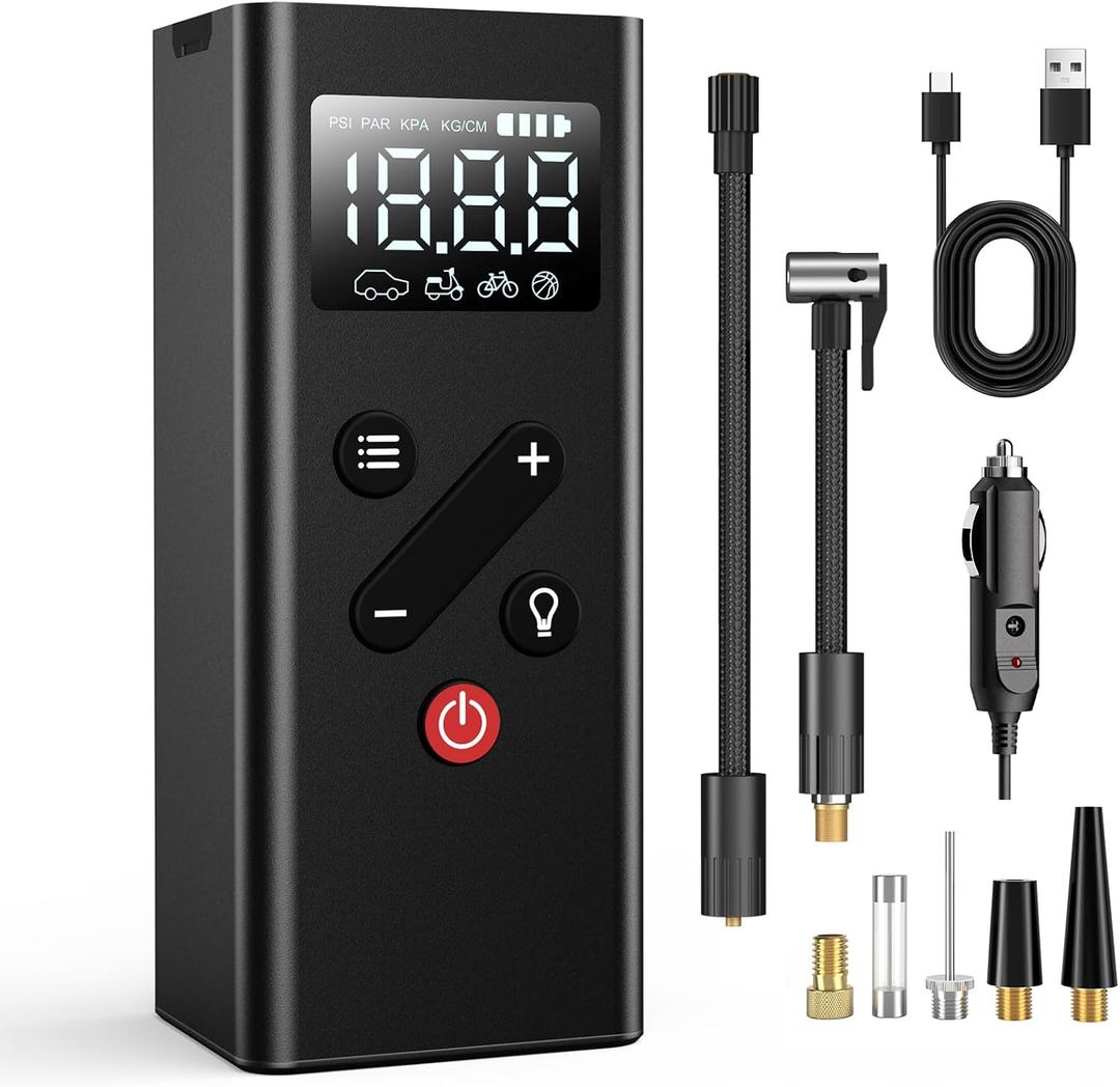Tire Inflator Portable Air Compressor - Mini Electric Cordless Air Pump with Smart Digital Pressure Gauge & LED Light for Car, Bike, Motorcycle, Balls, Pool Floats, 150 PSI (Black)