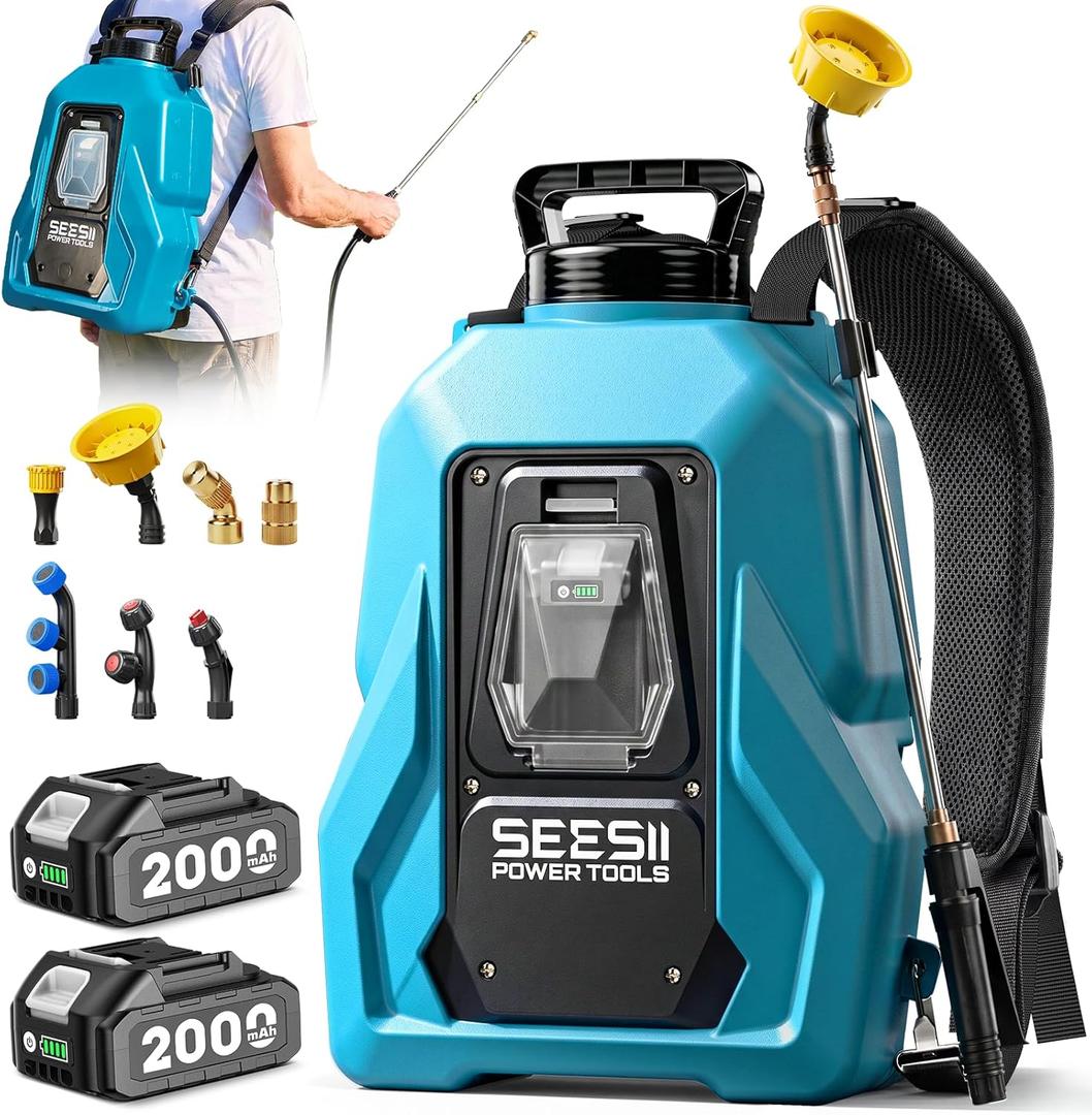 SEESII Backpack Sprayer Battery Powered, Leak-Proof 5-Gallon, Dual Battery Electric Sprayer with Telescopic Brass Wand & 7 Nozzles, 100 PSI Adjustable Pressure for Weed Lawn Garden Pest Control