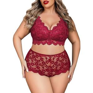 Avidlove Plus Size Lingerie Set for Women Sexy Lace Halter Bralette High Waist Panty Set, Size: 20 Plus