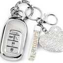 Key Fob Cover with Diamond Bling Keychain for Women, Car Key Holder Compatible with Honda 2022 2023 2024 2025, TPU Key Case and Elegant Heart Key Chain (Silver, 1PCS)
