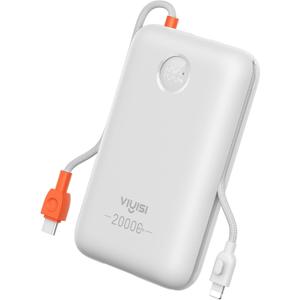 Portable Charger 20000mAh 30W Fast Charging, Power Bank with Built-in Cables & LED Display, USB C Battery Pack for iPhone 16/15/14, Samsung, iPad and Android Phones, Ideal for Travel -White