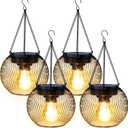 Solar Lanterns Outdoor Waterproof 4 Pack, Upgraded Metal Solar Hanging Lights with Hooks & Auto On/Off, Brighter Warm Outdoor Hanging Lantern Lighting for Porch Garden Yard Pathway Decor
