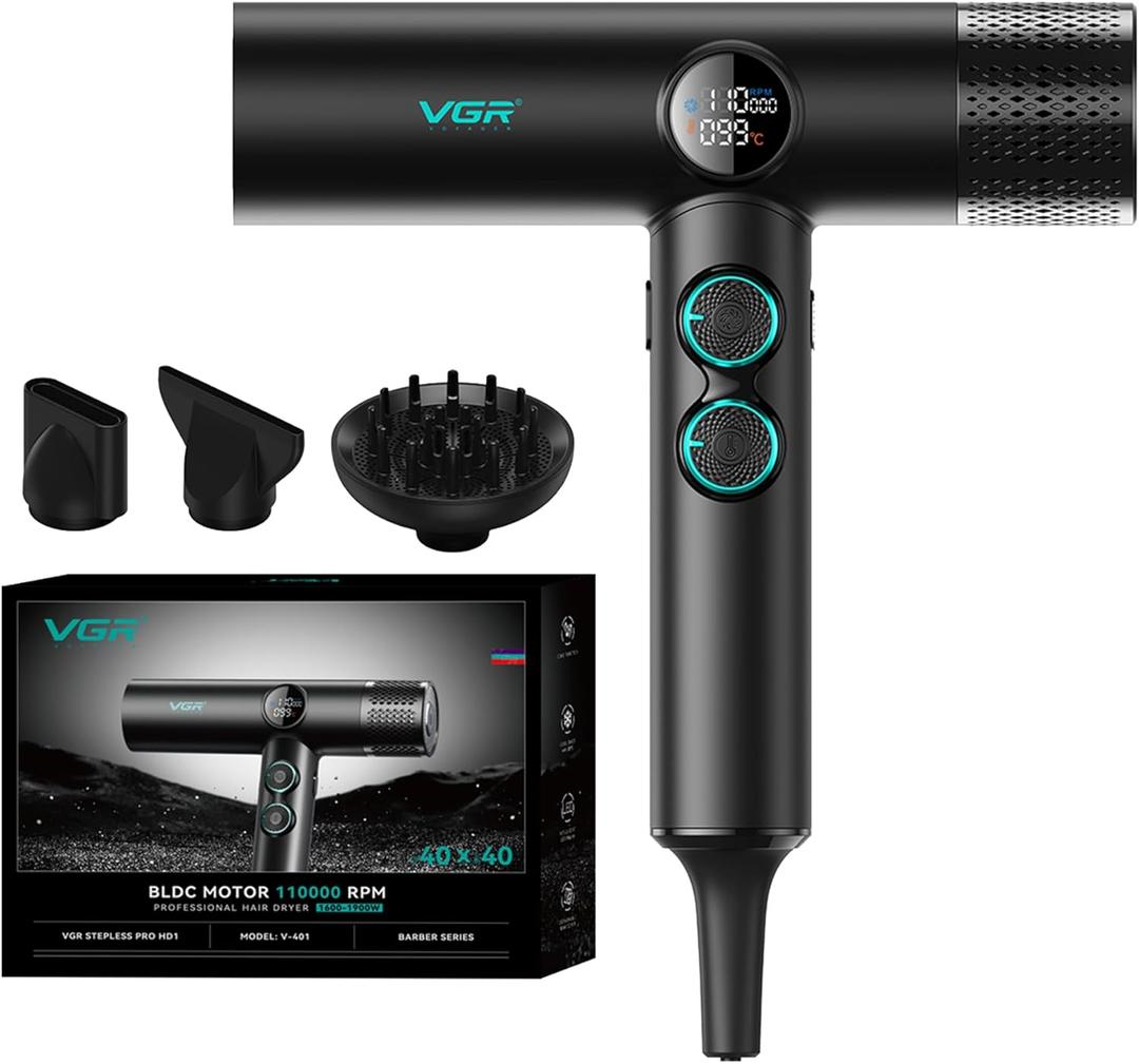 VGR 401 Negative Ionic Hair Dryer, Professional BLDC Motor Blow Dryer for Fast Drying, LED Display Low Noise Thermo and RPM-Control Hairdryer, Travel with Magnetic 1 Diffuser & 2 Nozzle, Black