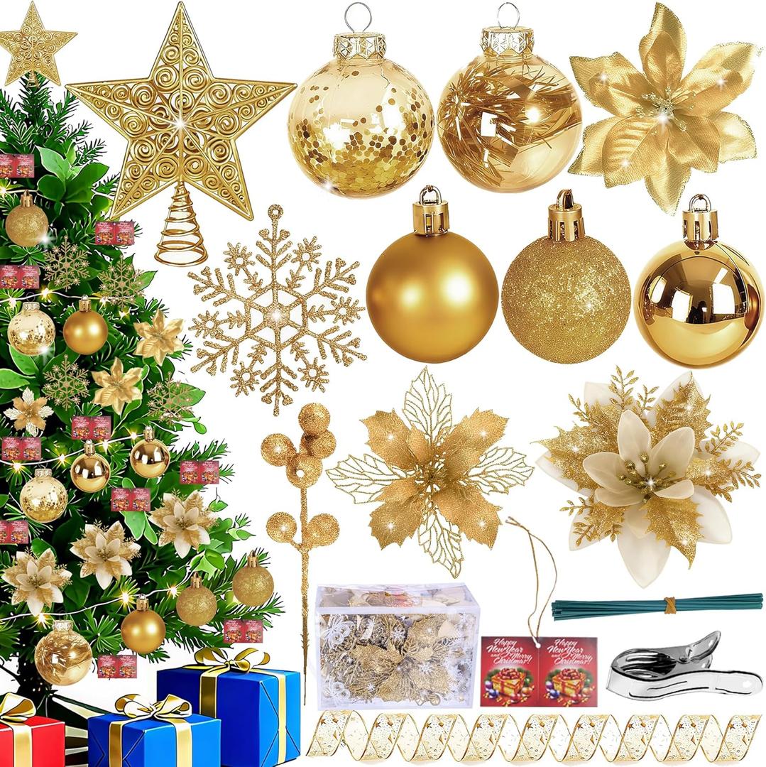 76Pcs Christmas Tree Decorations Set, Gold Hanging Ornaments w/Bulk Shatterproof Plastic Balls, Artificial Poinsettia Flowers, Glitter Berries Stems for Indoor Xmas Home Holiday Party Decor