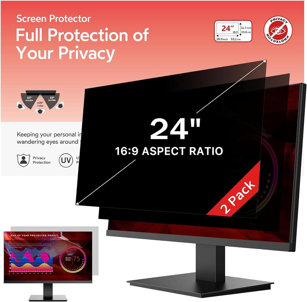 bersem Pack of 2 24 Inch Computer Privacy Screen for 16:9 Ratio Monitors, Anti-Glare, Blue Light Filter, Removable, UV-Blocking