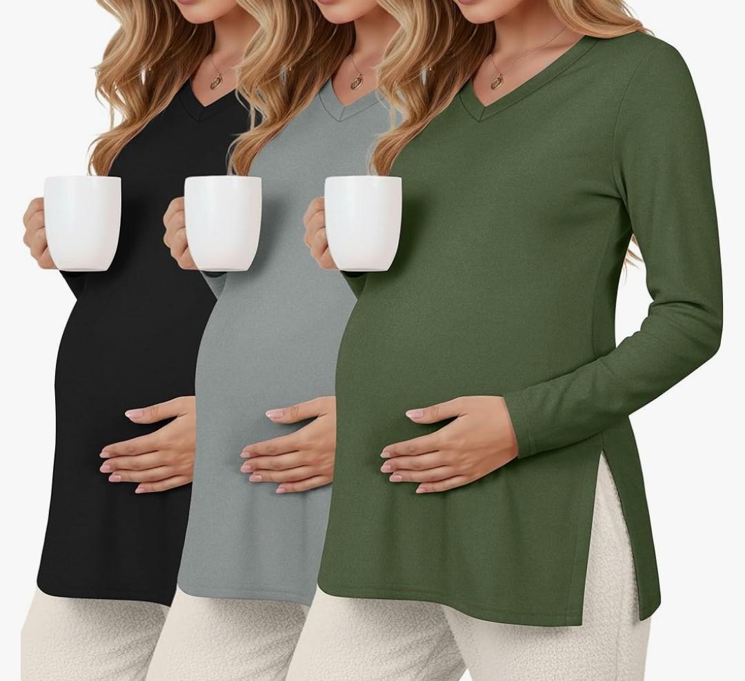 3 Pack Women's Thermal Maternity Shirts Fleece Lined Long Sleeve Tops Split Side V Neck Pregnancy Clothes Large Color: Army Green, Light Gray, Black, L