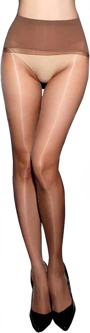 HTRUIYA Women's Oil Shiny Pantyhose 360 Seamless Crotch High Waist Stockings Tights 3 Denier (Brown)
