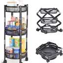 TOOLF 3-Tier Foldable Rolling Cart, Collapsible Metal Utility Cart with Wheels, Assembly-Free, Round Storage Organizer Trolley for Kitchen, Bathroom, Dorm, Nursery, Black