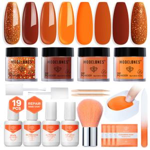 Modelones Dip Powder Nail Kit, 4 Colors Fall Orange Glitter Dipping Starter Set with Liquid and Complete Accessories for French Nails Art Salon DIY at Home Manicure