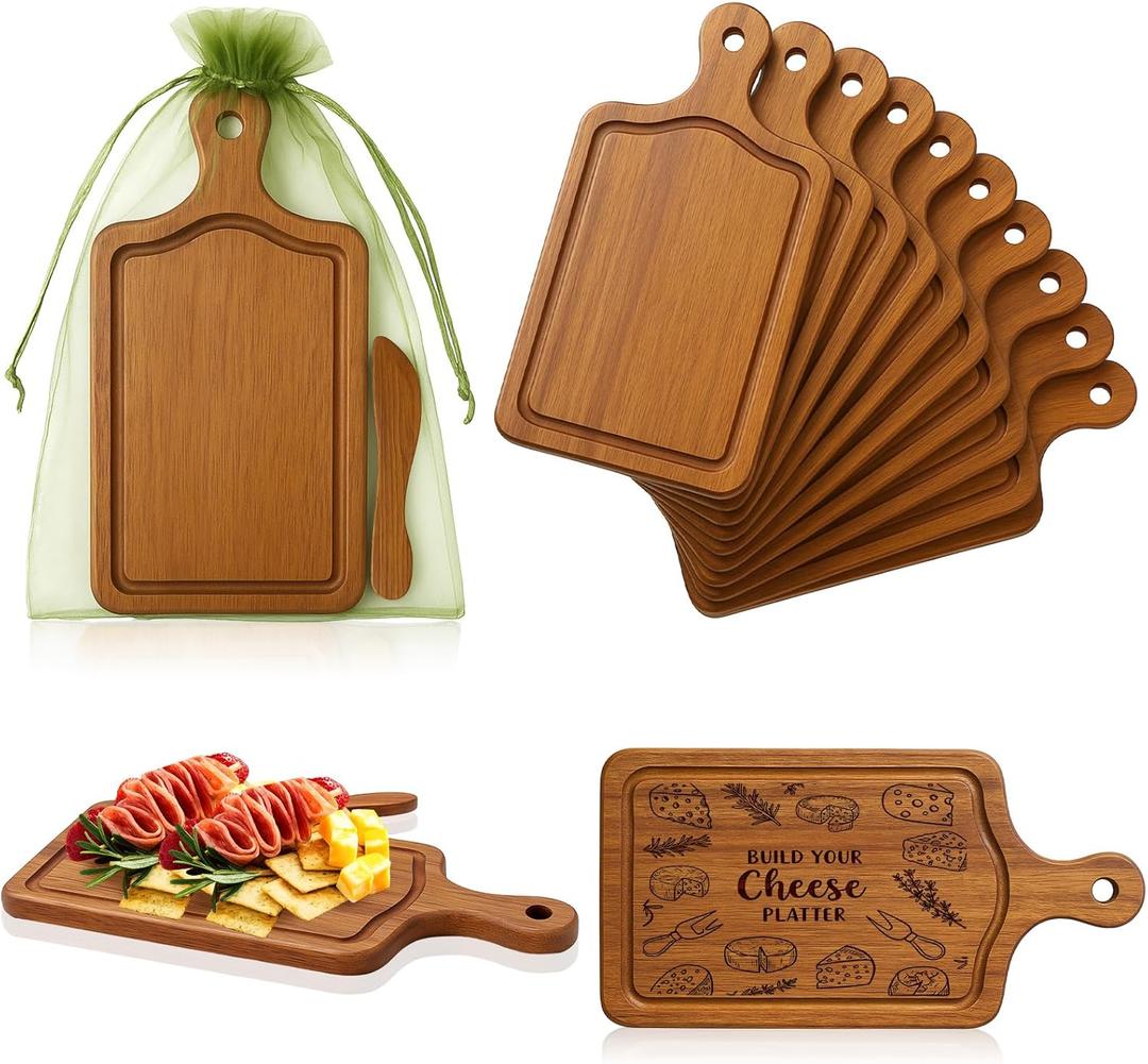 Nuenen 10 Pcs Mini Wooden Cutting Board Bulk with Handle, Small Wood Charcuterie for Crafts Laser Engraving with Knives Organza Bags Wedding Party Favors Housewarming Gift (Acacia Color)
