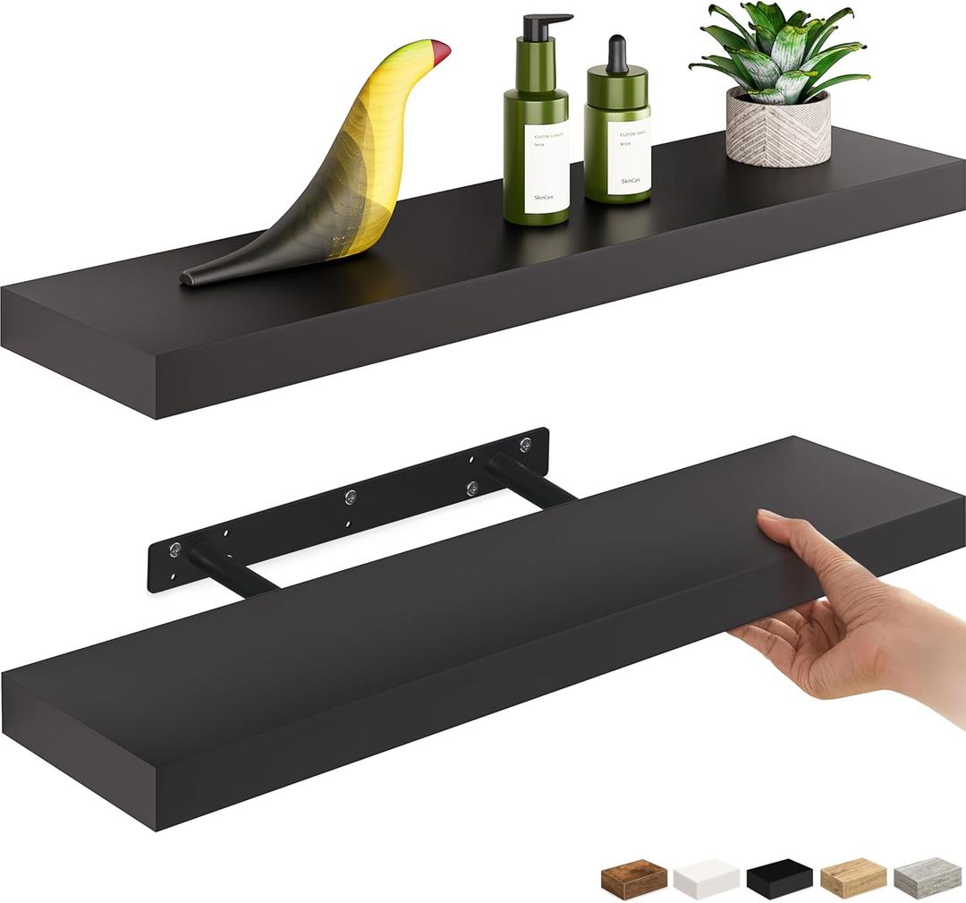 Ballucci Floating Shelves, 24" Wood Wall Shelf Set of 2, with Invisible Brackets for Bathroom, Living Room, Bedroom, Kitchen, Nursery, 6" Deep, Black