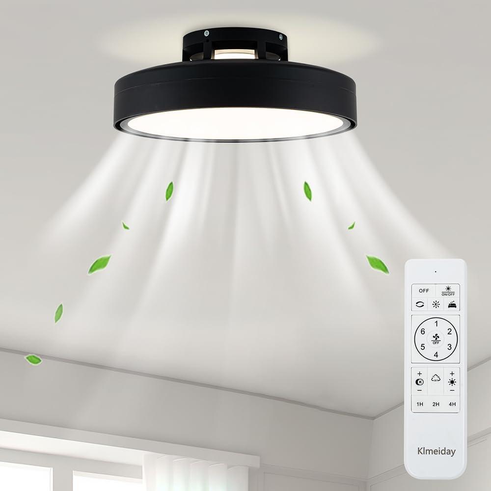 Ceiling Fans with Lights and Remote, Flush Mount Modern Bladeless Ceiling Fan with Light, 6 Speeds, Stepless dimming and CCT 3000K-6000K LED Lights for Bedroom, Study Room (Black, 17.7)