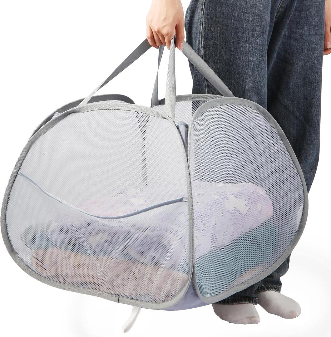 Collapsible Laundry Baskets, 90L Large Foldable Laundry Basket, Durable Mesh Pop Up Hampers for Laundry, Dirty Clothes Laundry Hamper for Bedroom, Bathroom, Dorm, Laundry Room, Travel or Camping Grey (Gray)