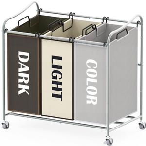 Simple Houseware Heavy Duty 3-Bag Laundry Sorter Rolling Cart, Silver/Assorted  Durable Triple Laundry Hamper with Removable Bags and Lockable Wheels for Laundry Room Organization