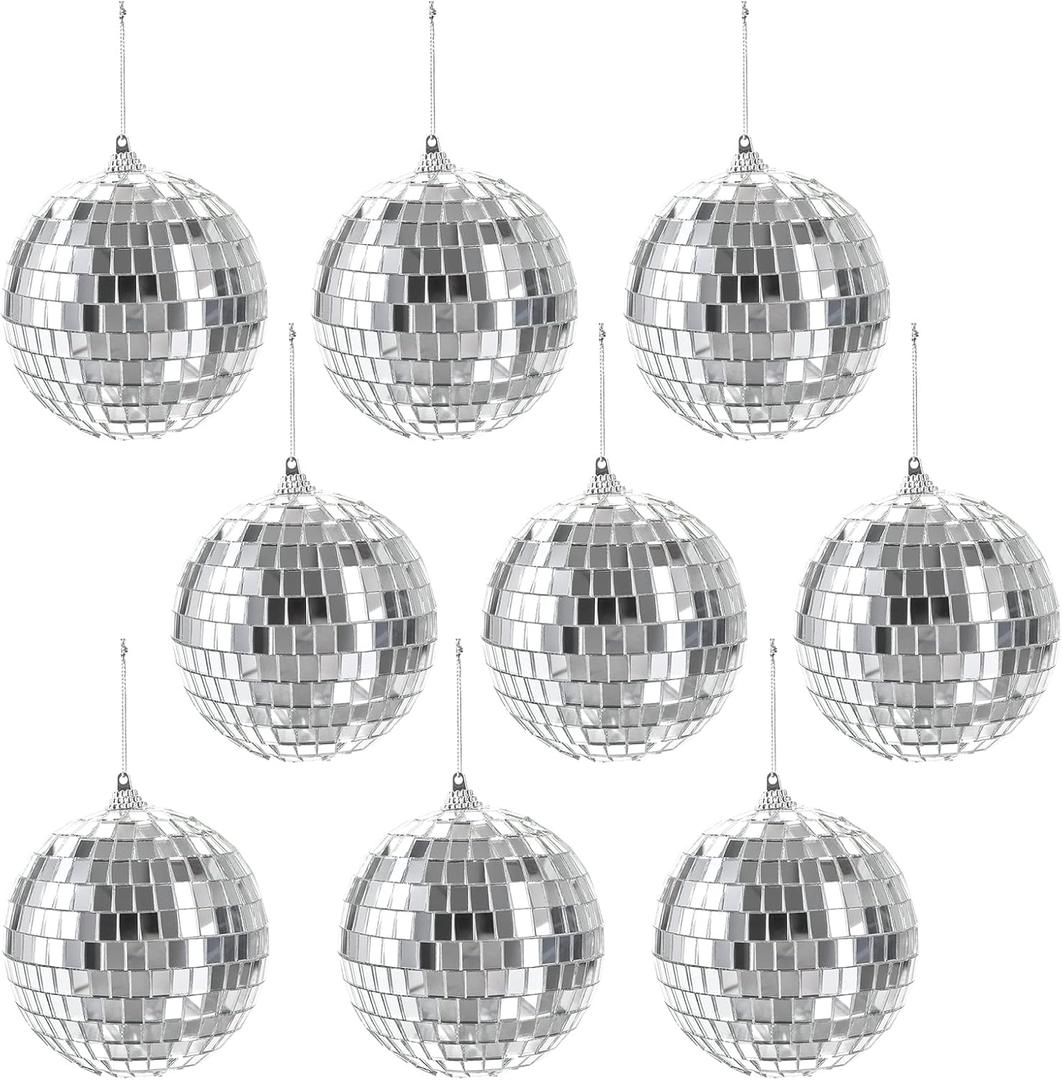Suwimut 9 Pack Mirror Disco Ball, 4 Inch Small Reflective Mirror Ball Ornaments Silver Hanging Disco Balls with Attached String for Reflect Light, Party Favor, Home Bands Decorations, Stage Props