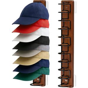Hat Organizer for Baseball Caps 2 Pack - Wood & Metal Wall Hat Rack with Strong Adhesive & Screws, Holds Up to 22 Caps, Dual U-Slot Design Prevents Deformation, Hat Storage for Closet & Door (Brown)