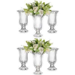 Glasseam Crystal Vases for Flowers, 7.5in Tall Vase Set of 6, Clear Glass Compote Vases and Ribbed Pedestal Bowls for Living Room Decorations Dining Table Home Decor