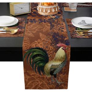 Table Runner and Placemats Set of 6-Farmhouse Animal Rooster Retro Brown Background,Heat Resistant Cotton Linen Dining Table Runner 70 Inch and Washable Table Mats 6 Pcs Kits for Home Kitchen Decor