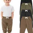 4 Pack Toddler Boys Sweatpants Elastic Waist Drawstring Joggers with Side Pockets Tapered Pants for Kids (3T, Black, Army Green, Dark Gray, Khaki)